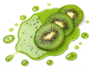 Juicy kiwi slices resting on a glossy green puree with tiny black seeds, evoking freshness and tropical flavors