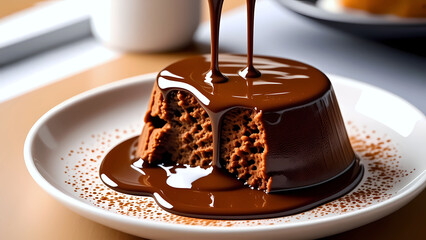 Melted Chocolate Being Poured Over a Dessert