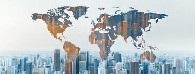 Digital world map hologram overlays contemporary office backdrop illustrating innovative global business concepts and connectivity