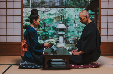 Senior couple lifestyle moments in a traditional japanese house