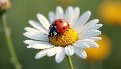 Obraz premium red ladybug on chamomile flower, ladybird creeps on stem of plant in spring in garden in summer