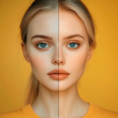 A split-face portrait of a woman showcasing a makeup transformation. One side natural, the other bold and stylish. A striking contrast in beauty and self-expression.