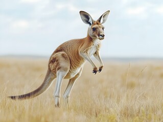 Graceful kangaroo leaping joyfully in a lush field of tall green grass