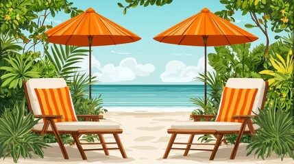 Relaxing beach scene with tropical umbrellas and lounge chairs oceanfront digital art bright environment serene view peaceful retreat