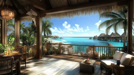 Fototapeta premium A tropical resort bungalow interior with open-air design, offering uninterrupted views of a turquoise lagoon and lush palm trees.