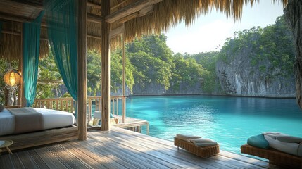 Fototapeta premium A tropical resort bungalow interior with open-air design, offering uninterrupted views of a turquoise lagoon and lush palm trees.