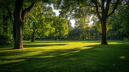 Obraz premium Sunlit Green Park with Majestic Trees and Vibrant Grass