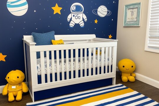 A nursery with a space theme, featuring glowing star decals, astronaut-themed bedding, and a cosmic nightlight