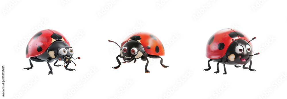 Poster three cartoon ladybugs with playful expressions and bright red shells in a row