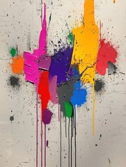 Fototapeta premium Colorful abstract painting showcasing vibrant splashes and drips of paint on a silver background, creating a modern artistic expression in a studio setting