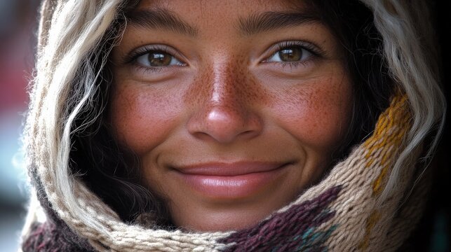 A close-up portrait of a smiling woman enveloped in a soft scarf, showcasing her radiant complexion and eyes full of warmth, capturing a moment of true joy and connection.