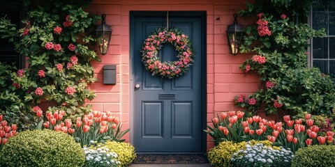 Fototapeta premium Beautifully decorated entrance with blooming flowers and vibrant colors in a charming neighborhood during springtime