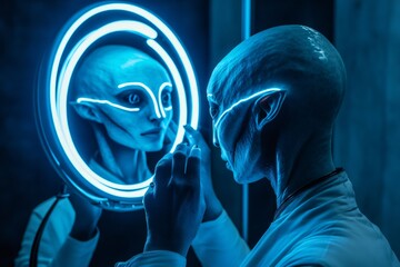 Elegant alien humanoid adjusts its bioluminescence while looking in a neon circular mirror, in a futuristic and evocative atmosphere