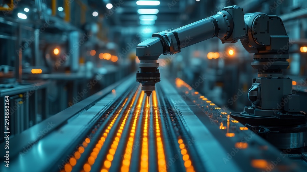 Poster a robotic arm is meticulously working on a conveyor belt in a modern manufacturing facility, showcas