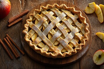 Delicious apple pie with a golden crust and cinnamon on a wooden table at a cozy kitchen setting
