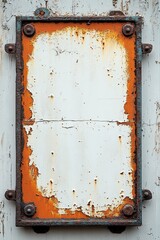 Naklejka premium Rusty metal sign with faded white surface and orange corrosion on a weathered wall in an urban setting