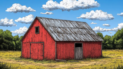 Obraz premium Scenic View of a Rustic Red Barn under a Blue Sky with Fluffy Clouds, Countryside Architecture