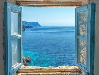 Bright blue ocean view from a rustic window overlooking scenic coastline and tranquil waters in a coastal village © anatolii