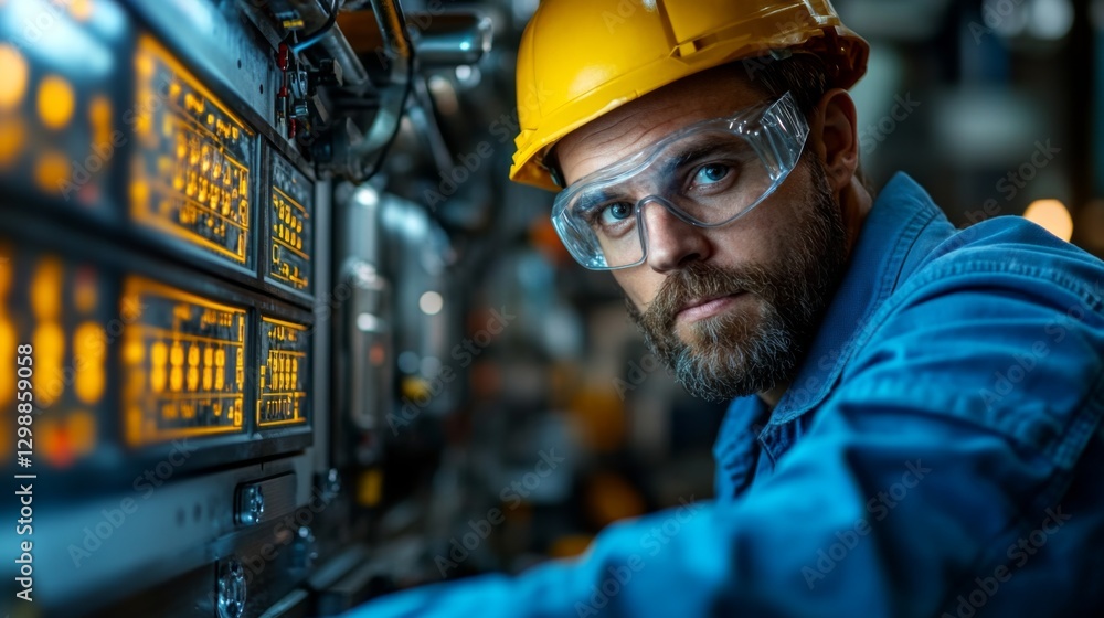 Poster a skilled engineer is focused on maintaining and troubleshooting complex machinery within a bustling
