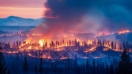 Naklejka premium A Catastrophic Blaze: A Wildfire Consumes a Mountain Forest at Dusk