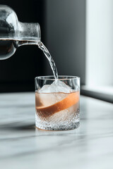 Refreshing beverage with ice and an orange slice being poured into a glass, minimalistic and elegant drink photography