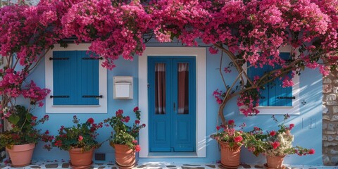 Charming blue house adorned with vibrant bougainvillea flowers in a sunny Mediterranean village during the afternoon