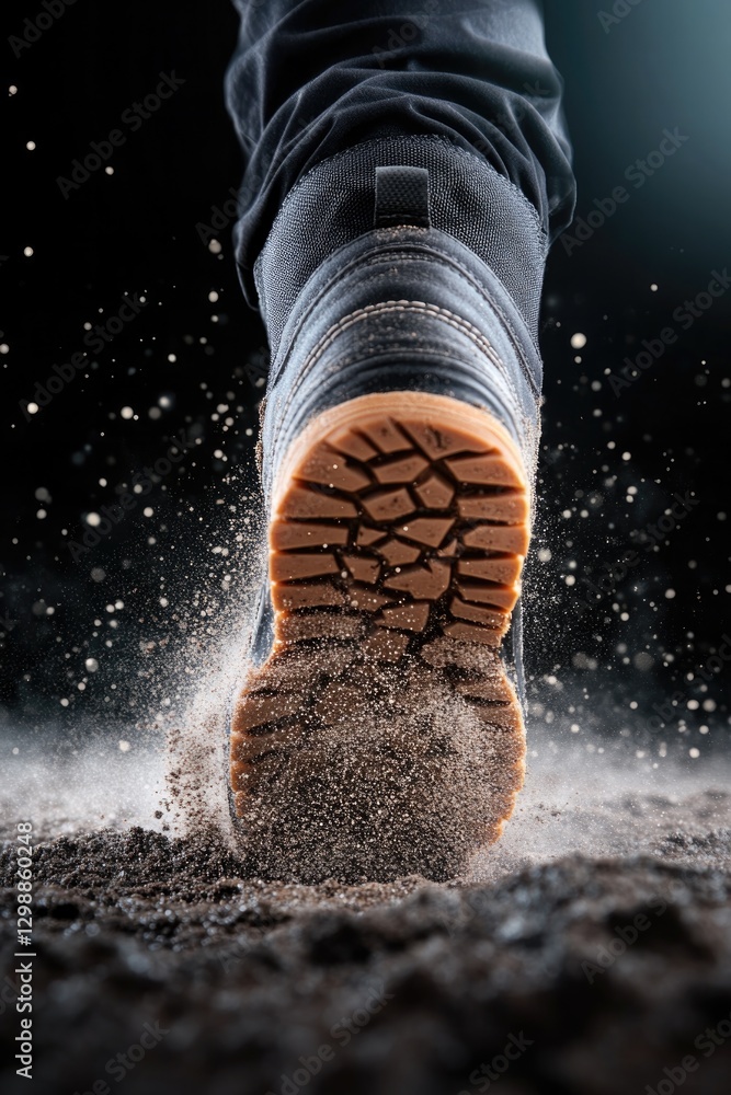 Poster close-up of rugged boot print in sand showcasing texture and depth of imprint