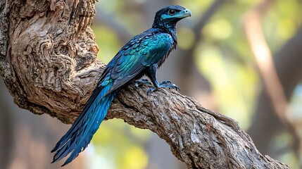 Fototapeta premium Vibrant Microraptor perched on a twisted tree branch its iridescent blue black feathers shimmering tiny claws gripping the bark as it prepares to leap