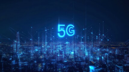 Fototapeta premium Futuristic 5G Network Over Night Cityscape