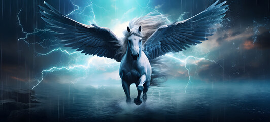 a Pegasus and a monster in rain Storm, ai generative