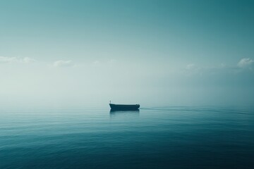 Obraz premium Small boat on a calm, misty sea. Ideal for themes of solitude, peace, and travel.