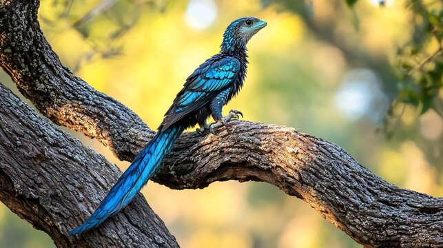 Vibrant Microraptor perched on a twisted tree branch its iridescent blue black feathers shimmering tiny claws gripping the bark as it prepares to leap