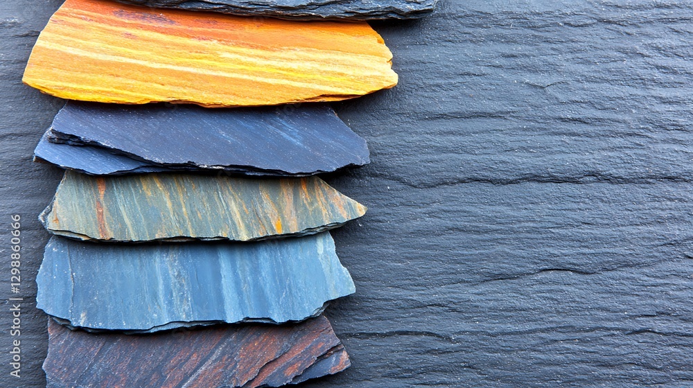 Poster stacked slate slices with natural color variations and rough texture on dark gray slate background