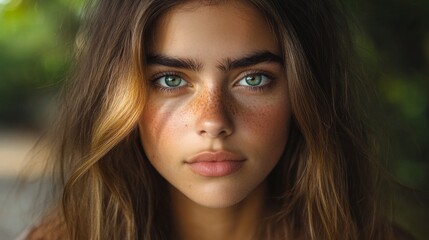 Portrait of young adult woman with light skin and freckles, looking at camera with straight hair against nature background