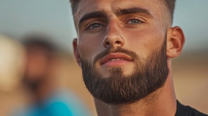 Attractive young adult man with light skin and beard poses looking at camera, standing outside with blue eyes and freckles