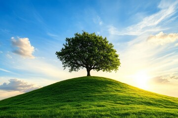 Obraz premium A peaceful countryside hill with a lone tree standing at the summit, silhouetted against the sunset
