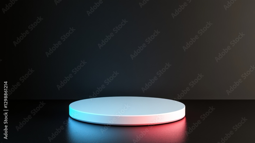 Poster minimalist round product display platform with neon lighting on dark background