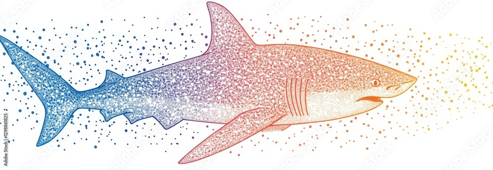 Poster abstract pixelated shark transforming into colorful dots 2.0 updated version art piece 2024 style di