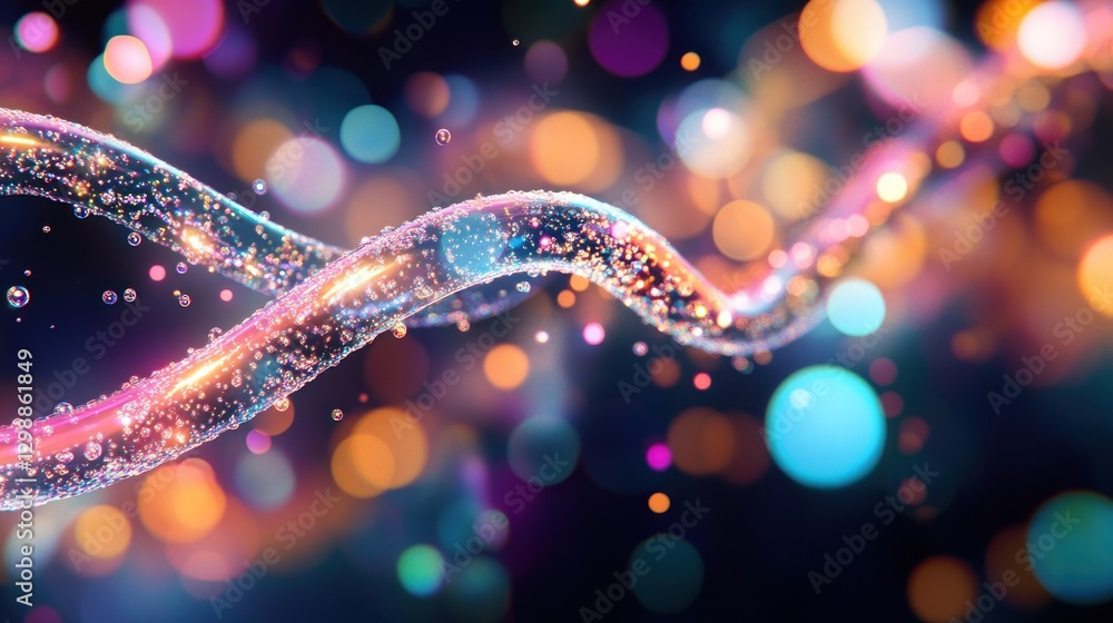Poster abstract glowing dna strand with colorful bokeh lights background design
