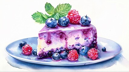 Beautifully Delicious and Brightly Served Blueberry Cheesecake watercolor sketch for National Blueberry Cheesecake Day