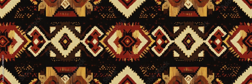 Poster vibrant textile design featuring geometric patterns in bold colors from a traditional artisan craft.