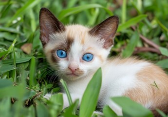 Adorable White and Brown Kitten with Blue Eyes in Lush Green Grass