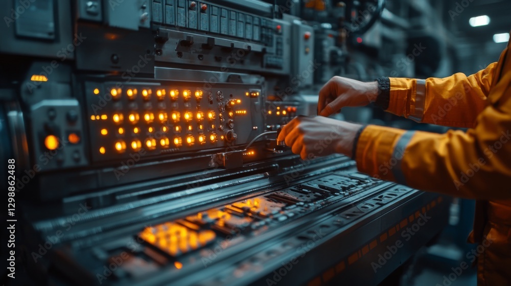 Aufkleber In a busy manufacturing factory, skilled workers engage with advanced machinery controls, ensuring automated processes run smoothly while maintaining safety standards.