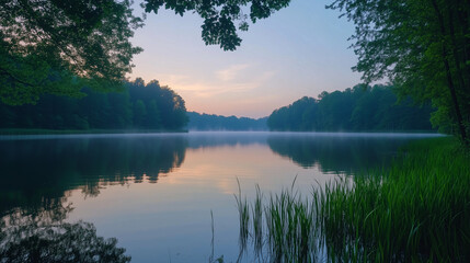 Obraz premium Tranquil sunrise over a calm lake, evoking peace and serenity.