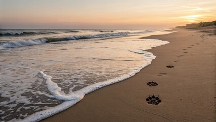 Paw prints leading along the beach at sunset, symbolizing adventure and connection with nature