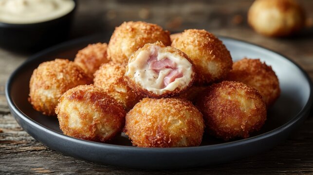A beautifully plated serving of Spanish croquetas, golden and crispy on the outside, filled with creamy chamel and ham, ready to be served as a snack