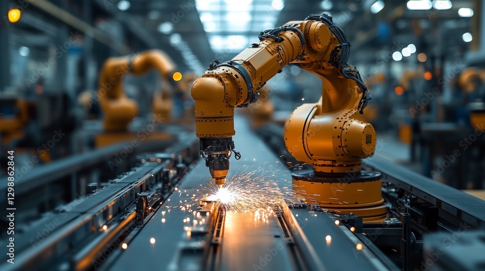 Poster A robotic arm equipped with a welding tool is executing precise welding tasks on a conveyor belt in an industrial factory. Sparks fly as automation enhances manufacturing efficiency.