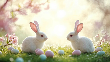 Obraz premium Easter bunny and decorated egg silhouettes, playful and joyful