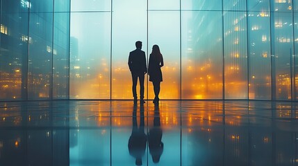 A modern office space with two individuals collaborating.