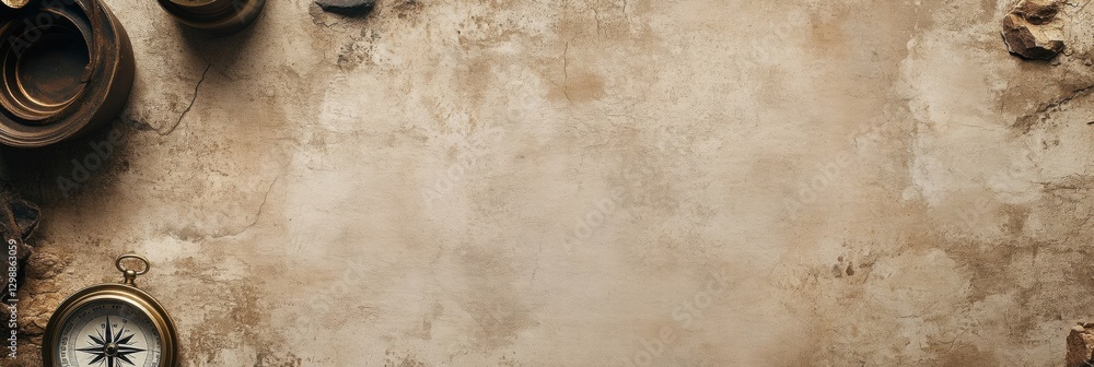 Poster Decorative compass and antique items arranged on a textured surface for exploration and navigation themes. Generative AI